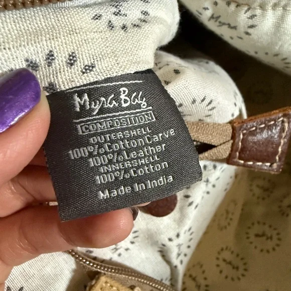 Myra Bag Tan and Brown Tote Bag 100% cotton 100% leather 26x30 - Picture 4 of 6